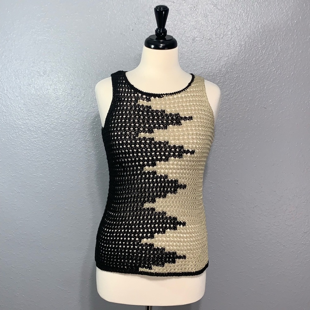 Lucky Brand Tan Black Zig Zag Crochet Tank XS